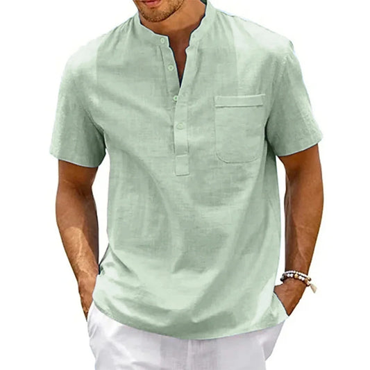 Men’s Cotton Linen Henley Shirt – Casual Short Sleeve Solid Color Beach Top with Pocket, Vintage Streetwear