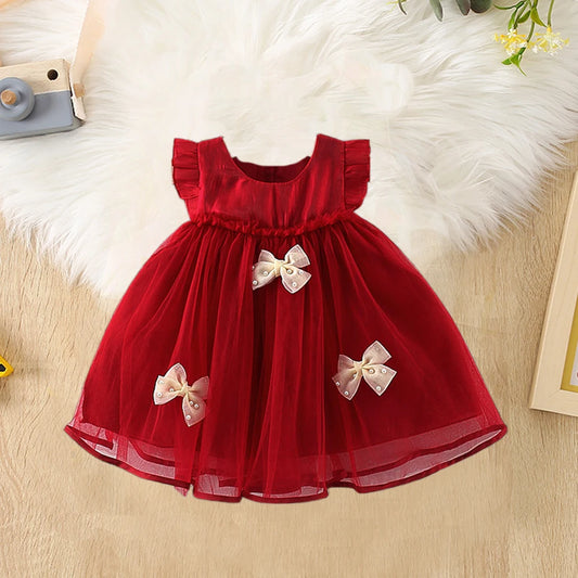 1Y-3Y Baby Girl Dress Summer Girl Bow Pearl Mesh Princess Dress Cute Girl's First Year Dress Birthday Party Dress  Baby Girl Clothes