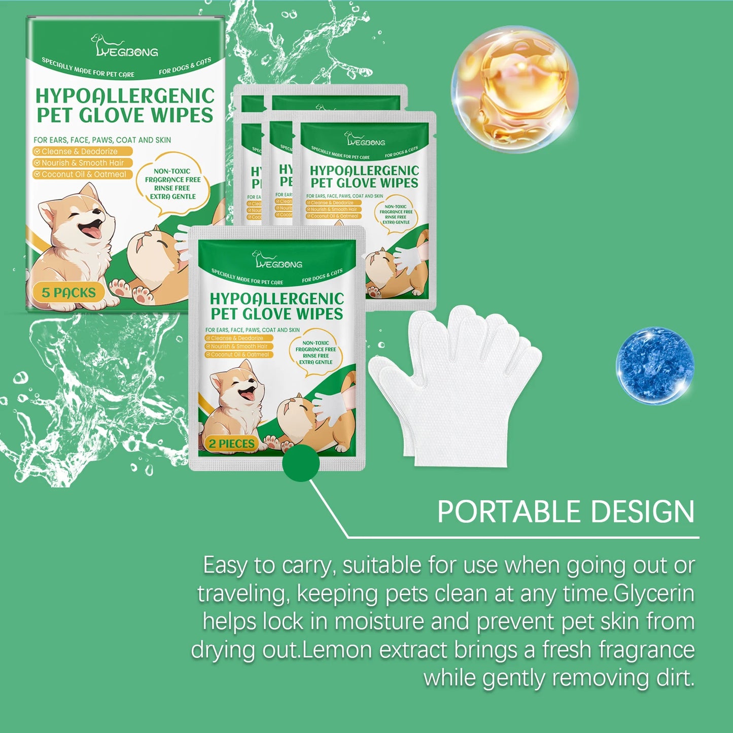 No-Rinse Pet Cleaning Gloves – Dogs & Cats, Coconut Oil & Glycerin, Disposable Wipes