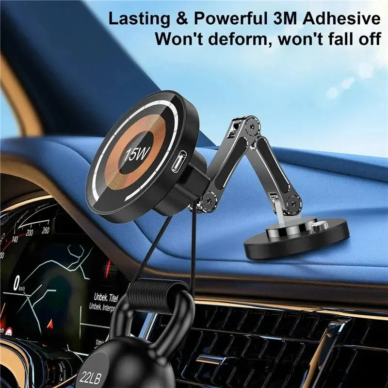 15W Magnetic Wireless Car Charger Mount – Strong MagSafe Phone Holder with 360° Rotation & Fast Charging for iPhone 15/14/13/12