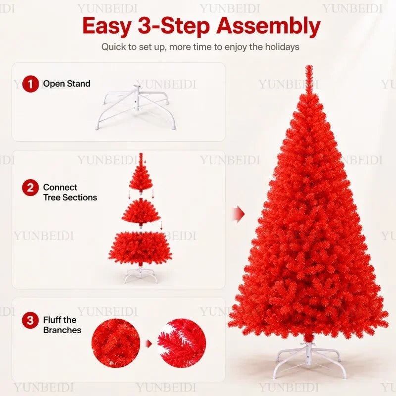 Red Artificial Christmas Tree, 120–240 cm PVC Holiday Tree with Optional Warm White USB LED Lights for Indoor Decorating