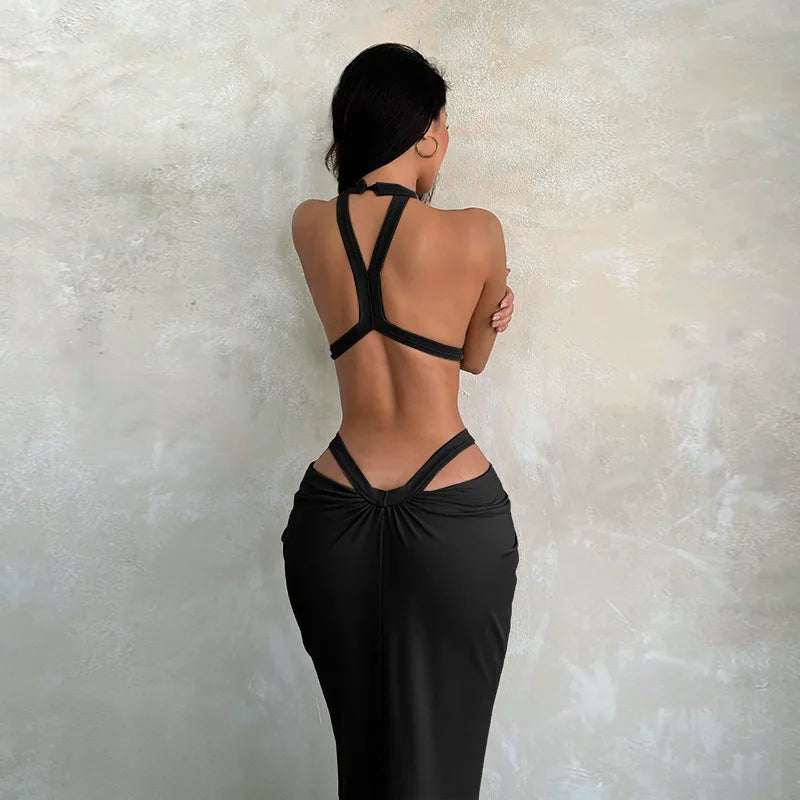 Women's Halter Cut-Out Backless Maxi Dress, Sleeveless Floor-Length