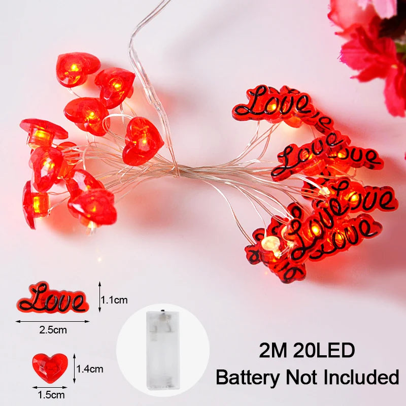 2M 20LED Love Heart String Lights Valentine's Day Fairy Garland Light Wedding Birthday Festival Party Home Room DIY Decorations