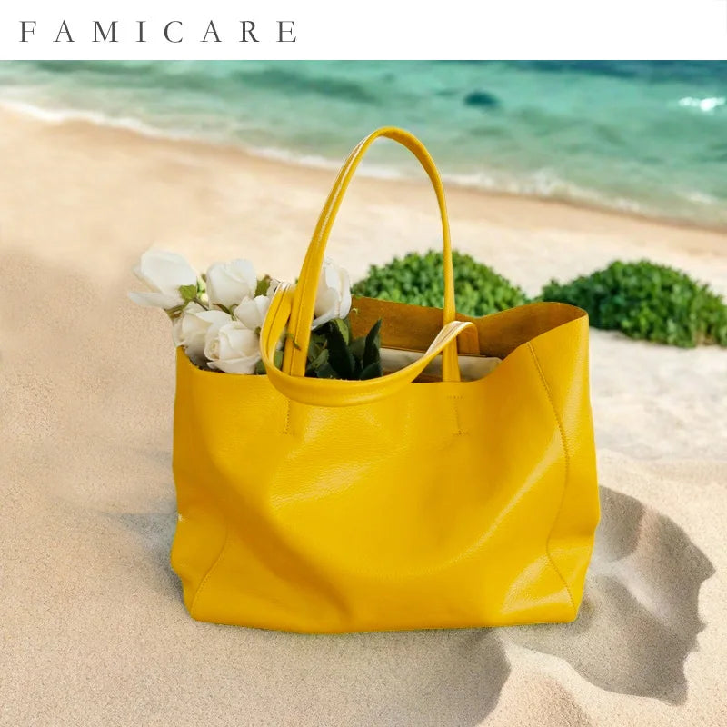 Women’s Casual Leather Tote Bag – Large Soft Cowhide Shoulder Purse for Shopping & Travel