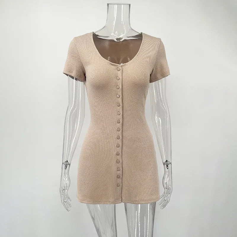 Knitted V-Neck Mini Dress – Short Sleeve Button Front Casual Summer Dress