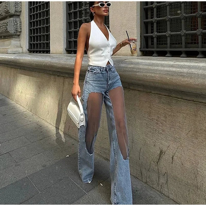 Women’s High-Waist Distressed Denim Jeans with Sheer Mesh Knee Panels – Trendy Streetwear Pants | Italian Street Style