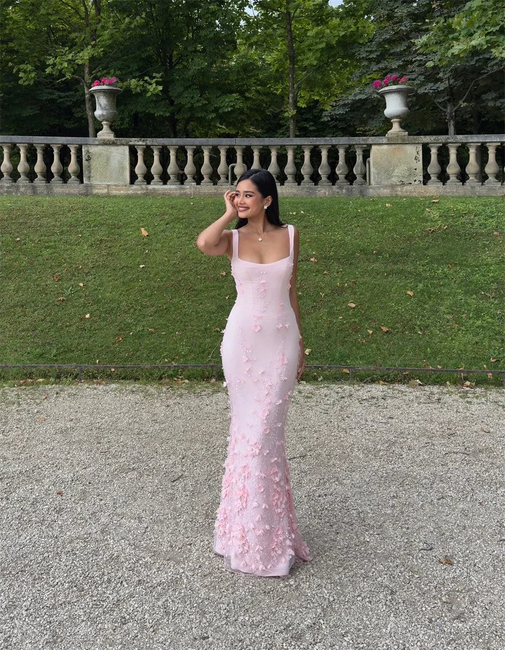 Luxury Blush Pink 3D Floral Mermaid Evening Gown – Halter Neckline, Lace, Custom Sizes Available