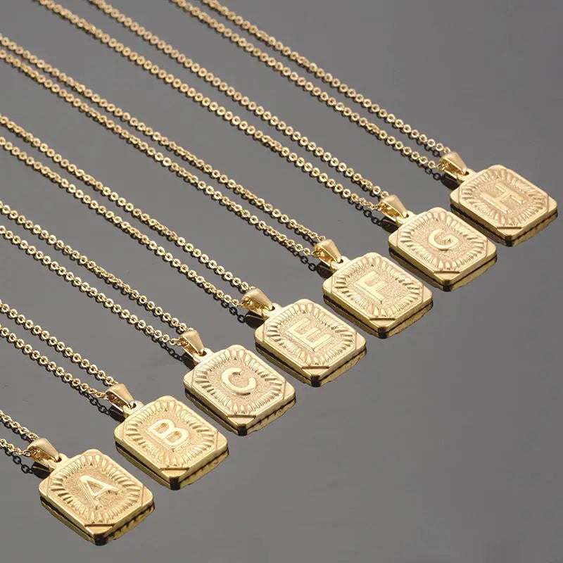 Initial Letter Pendant Necklace – Stainless Steel Cuban Link Chain, Square Charm Alphabet Necklace for Men & Women, Couple Gift Jewelry