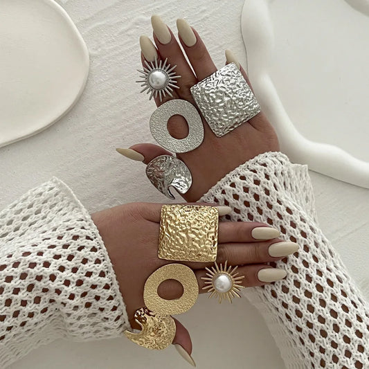 DIEZI Vintage Sunflower Moon Geometric Knuckle Rings For Women Fashion Gold Silver Color Imitation Pearl Joint Ring Jewelry