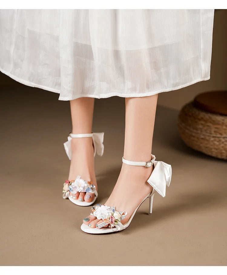 Women’s Open Toe High Heel Sandals – Satin Flower Bow, Buckle Strap, Elegant Dress & Wedding Shoes