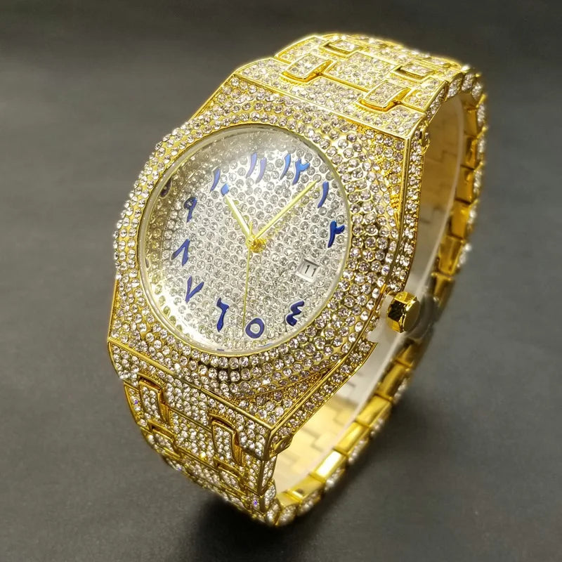MISSFOX Luxury Diamond Iced Out Men's Quartz Watch, Arabic Numerals Waterproof