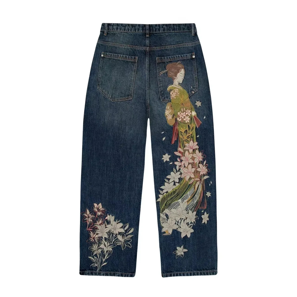Embroidered Denim Jeans with Cherry Blossom, Dragon and Graphic Designs