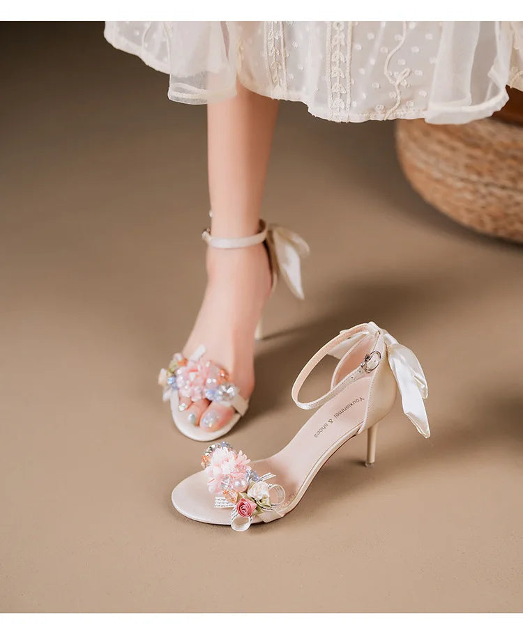 Women’s Open Toe High Heel Sandals – Satin Flower Bow, Buckle Strap, Elegant Dress & Wedding Shoes