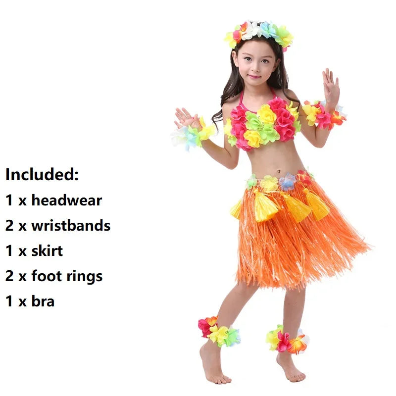 Hawaiian Hula Costume Set for Kids & Teens – Grass Skirt, Top, Flower Lei Necklace, Headband, Anklets & Bracelets (40 cm)