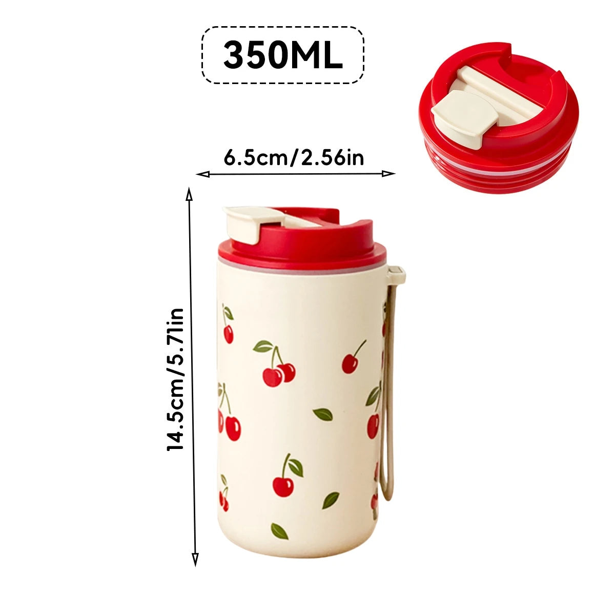 Cherry Pattern Plastic Tumbler Cup with Rope – 350–400ml Reusable Water, Coffee & Milk Mug