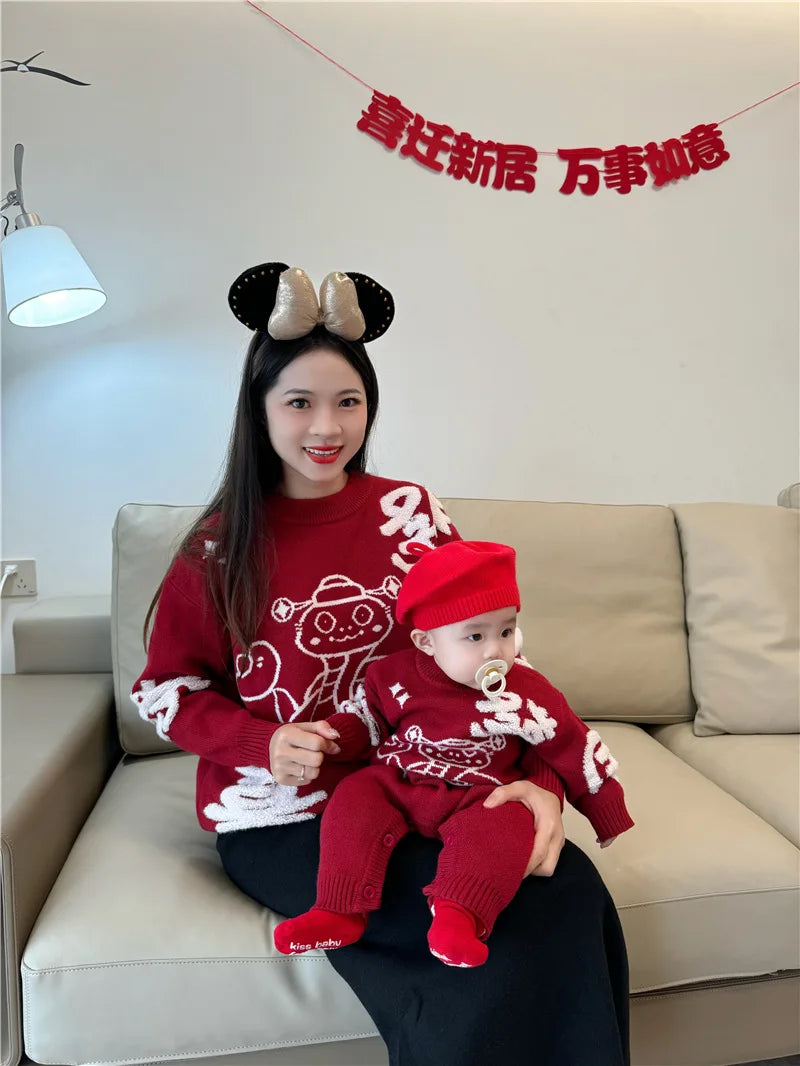 New Year Matching Family Red Chinese Sweater Father Mother and Daughter Son Snake Knit Jumper Infant Baby Knit Romper