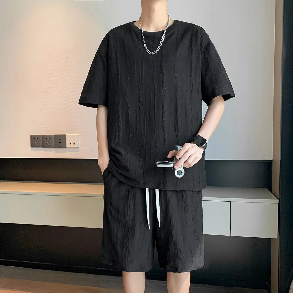 Plus Size 8XL Summer Men's Casual Tracksuit Set – Solid Color Short Sleeve T-Shirt + Shorts – 2-Piece Sportswear