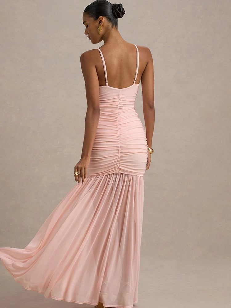 Women's Patchwork V-Neck Maxi Dress – Backless High-Waist Ruched Evening Gown