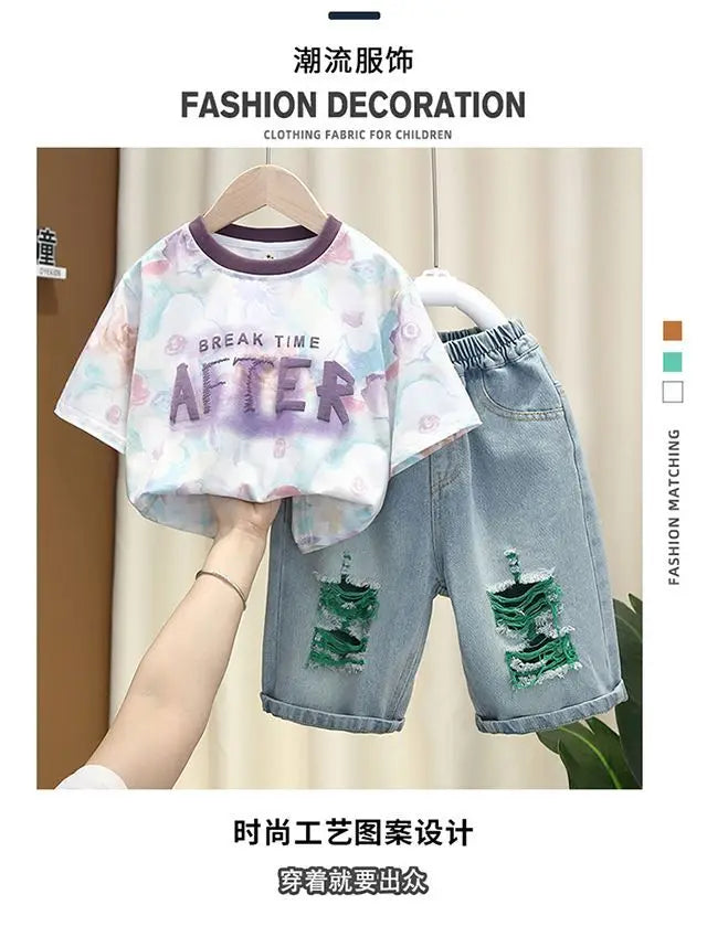 2025 Kids Clothing Boys' summer outfit set new stylish children's short sleeved letter T-shirt denim shorts 2-piece set