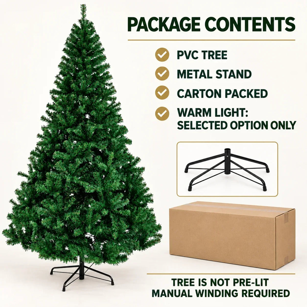 Green Artificial Christmas Tree with Metal Stand, 120–300 cm PVC Holiday Tree with Optional Separate Warm White USB Light String