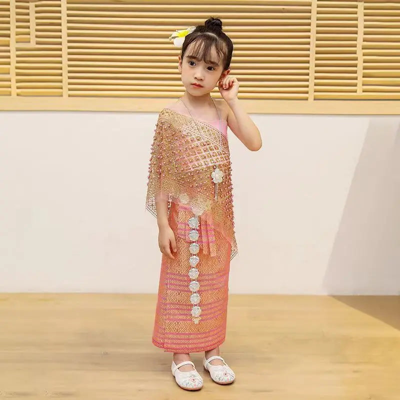 Girls’ Thai Traditional Festival Dress – Bride & Dai Minority Costume with Gilded Yarn, Travel & Party Outfit