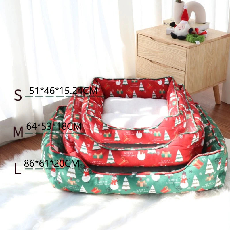 Christmas Cat and Small Dog Bed with Raised Bolster Sides and Soft Sleeping Cushion, Festive Indoor Pet Nest