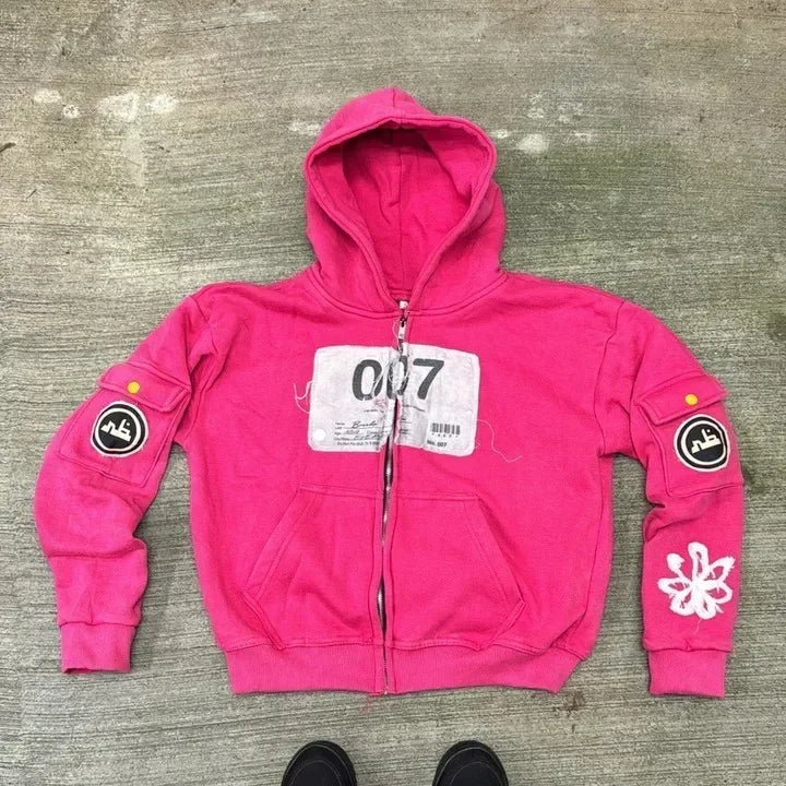 Vintage 90s Style Zip-Up Hoodie, Unisex Oversized Harajuku Streetwear Jacket with Long Sleeves