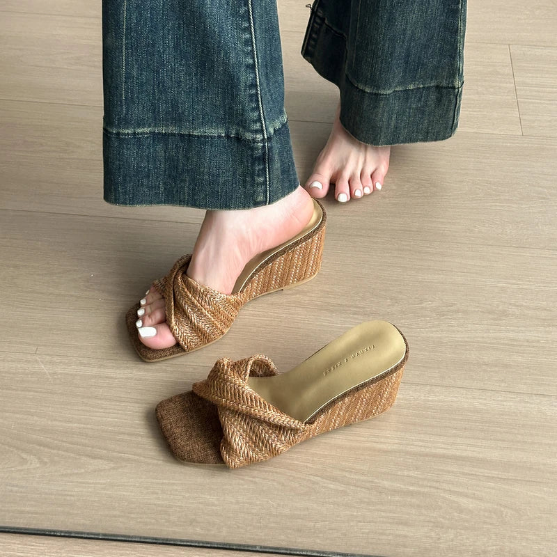 Women’s Designer Weave Wedge Slides – Open Toe Height Increase Summer Sandals, Fashion Outdoor Slip-On Dress Shoes