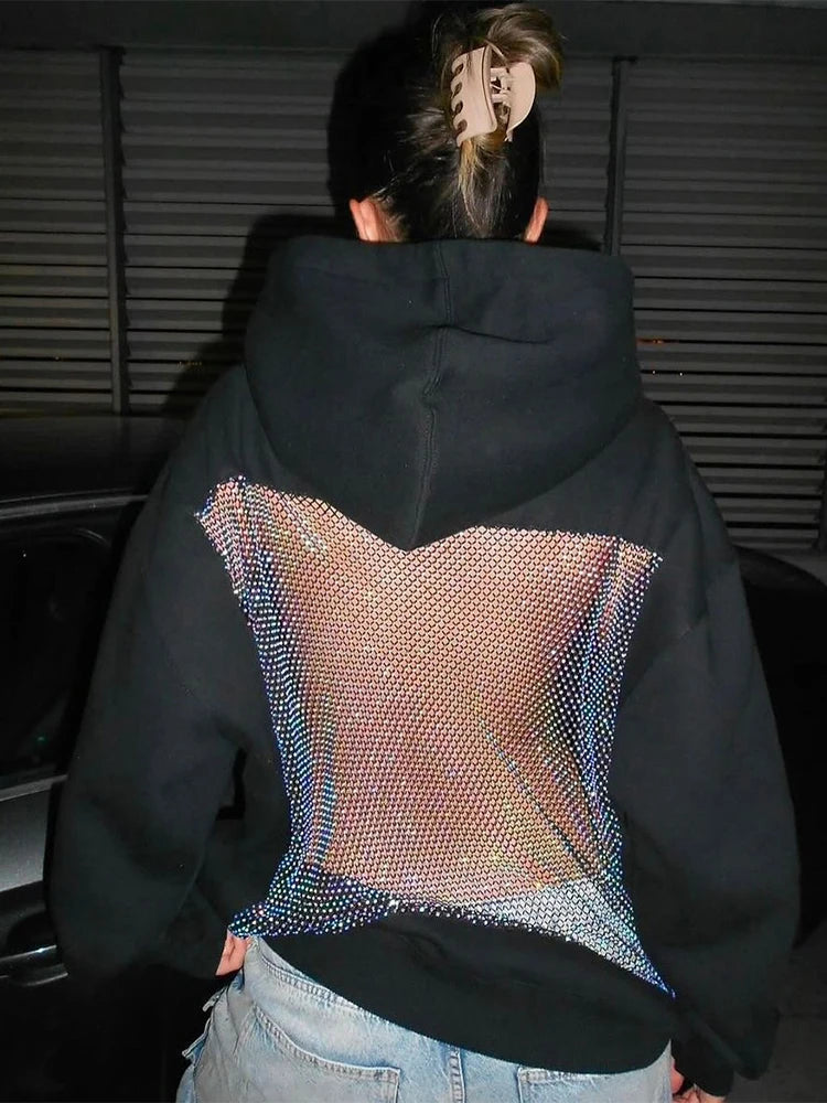 Sisterlinda Women's Hoodie Backless Mesh Patchwork Sweatshirt – Harajuku Streetwear Pullover for Autumn