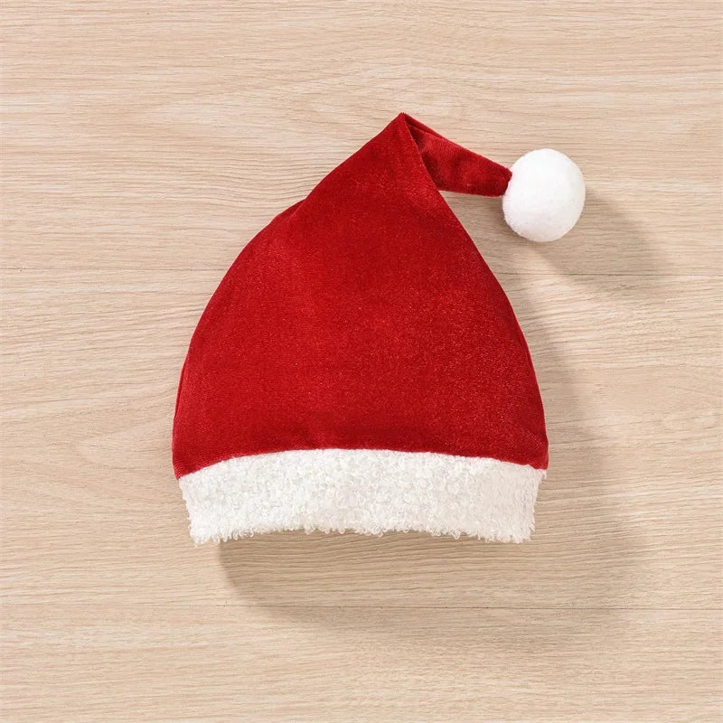 Baby Girl Christmas Outfit – Velvet Romper Dress with Terry Trim, Long Sleeve Jumpsuit & Santa Hat, 0–18 Months, Fall & Holiday Outfit