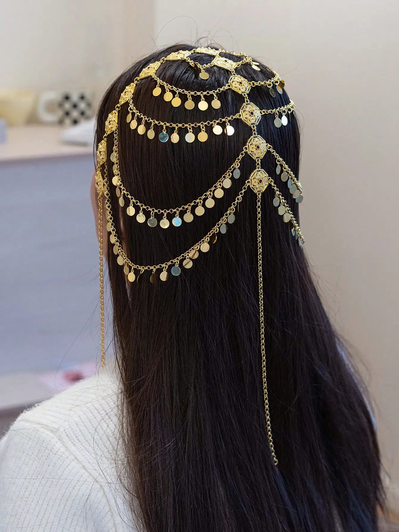 Kurdish-Ottoman-Arabic Bridal Headdress – 24K Gold-Plated Coin Veil Chain with Evil Eye Fringe for Henna Night & Wedding Ceremonies