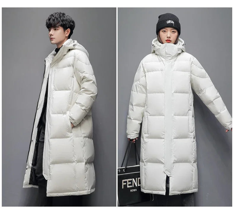 Winter Long White Down Jackets Men Women Hooded Thick Warm Over-the-Knee Puffer Jacket Man Overcoats Couple Padded Down Coat