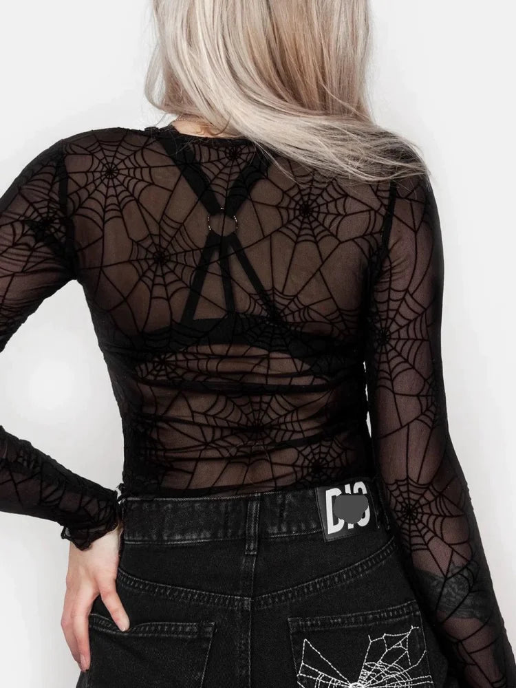 Women’s Black Lace & Spider Mesh Crop Top – See-Through, Long Sleeve, Skinny Fit, Y2K Fairy Grunge Aesthetic