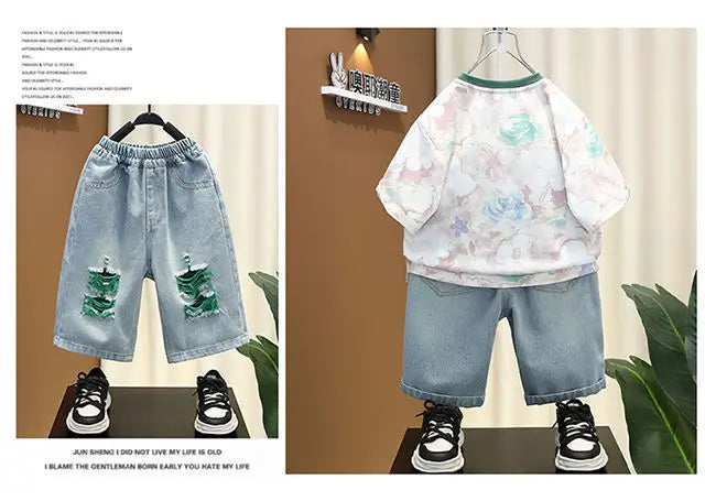 2025 Kids Clothing Boys' summer outfit set new stylish children's short sleeved letter T-shirt denim shorts 2-piece set