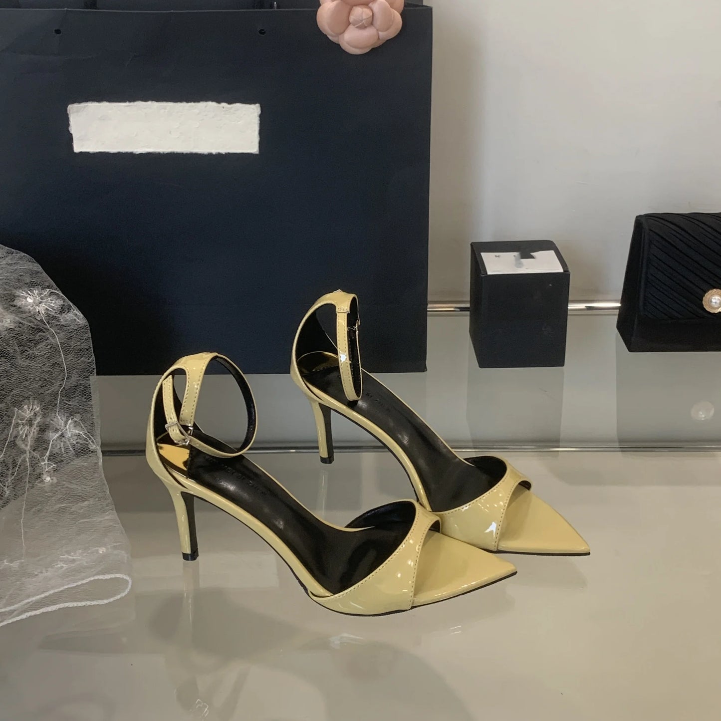 Women’s Fashion – Sexy Patent Leather High Heel Sandals with Buckle | Pointed Toe Party & Wedding Shoes