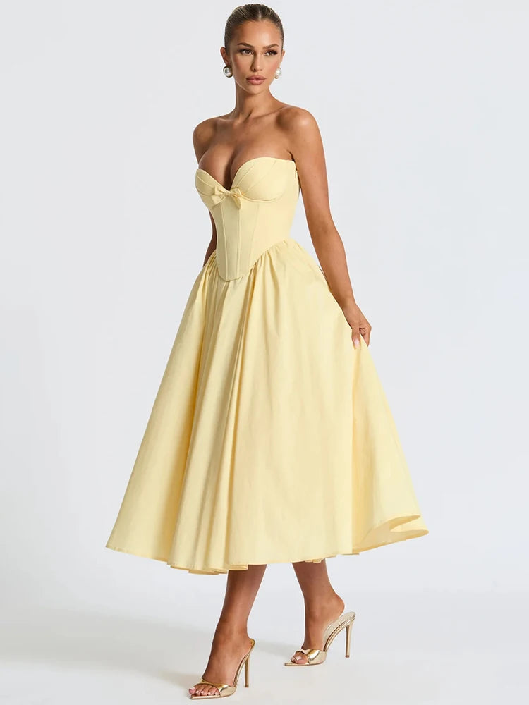 Elegant Off-Shoulder Strapless Midi Dress for Women – Sleeveless, Backless, A-Line Party Dress with Bow Detail