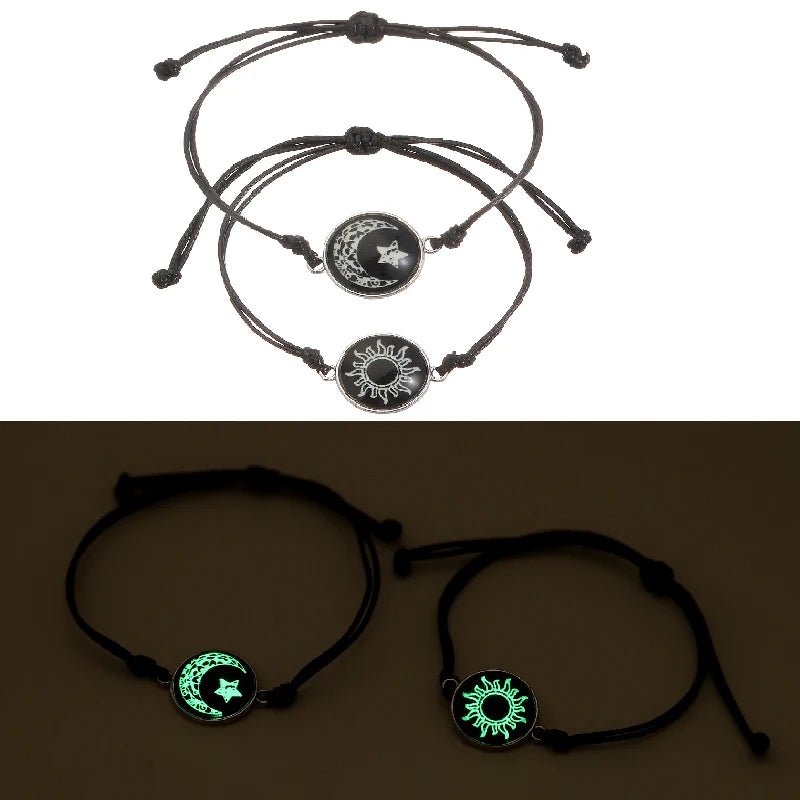 Adjustable Glow-in-the-Dark Rope Bracelet – Butterfly, Sun & Moon Luminous Jewelry for Couples and Friends