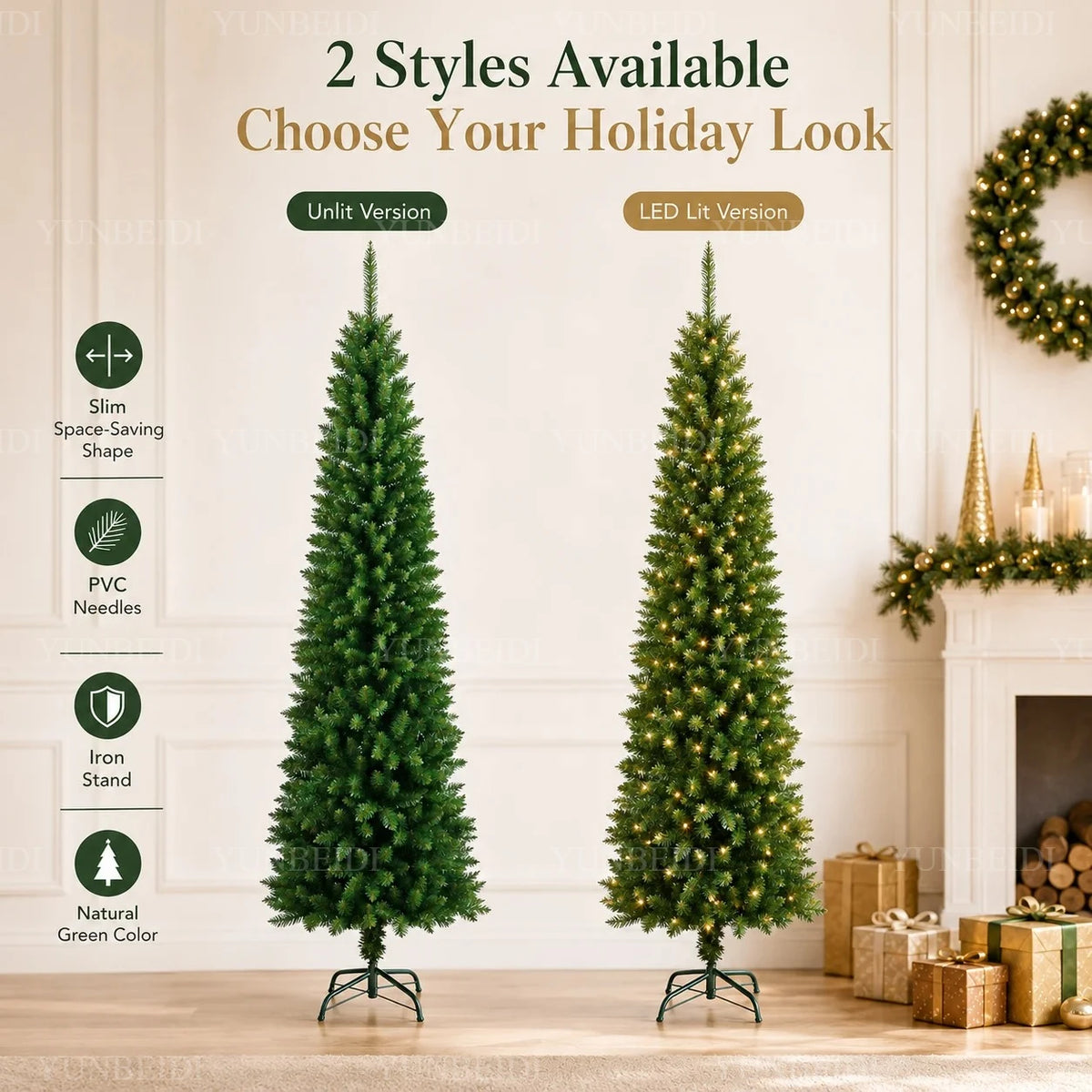 Slim Pencil Artificial Christmas Tree with Metal Stand, 120–210 cm Green PVC Tree with Optional Warm White USB Lights