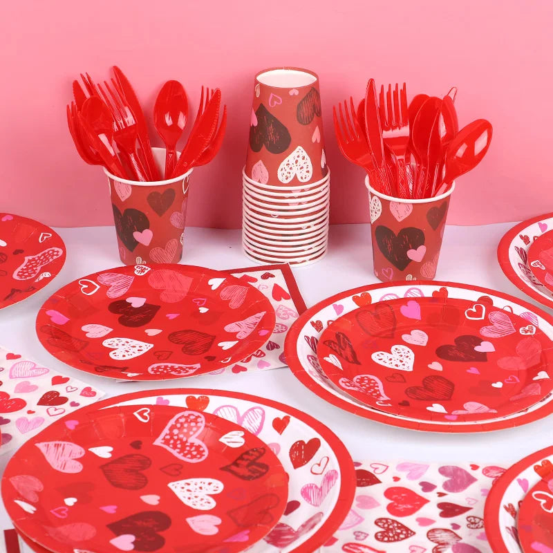 Love Heart Disposable Tableware Set – Paper Plates, Cups, Napkins & Tablecloth for Valentine’s Day, Wedding, Anniversary & Party Decor