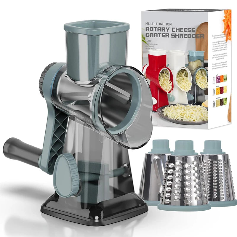 3-in-1 Rotary Cheese Grater – Manual Vegetable Slicer and Nut Grinder with Stainless Steel Blades