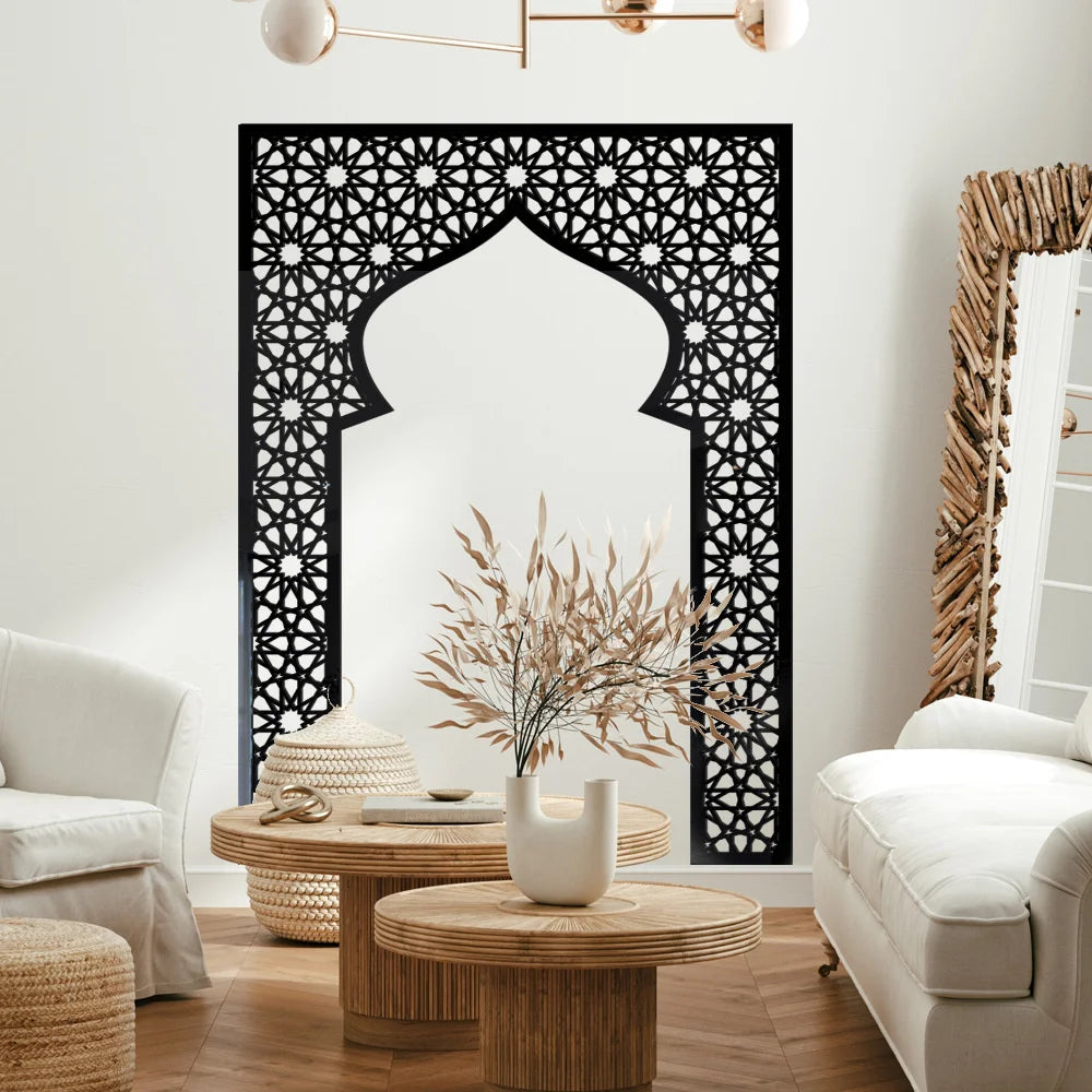 Islamic Arch Mirror Wall Sticker – Gold Acrylic 3D Mosque Frame Decal with Geometric Pattern for Ramadan & Eid Decor