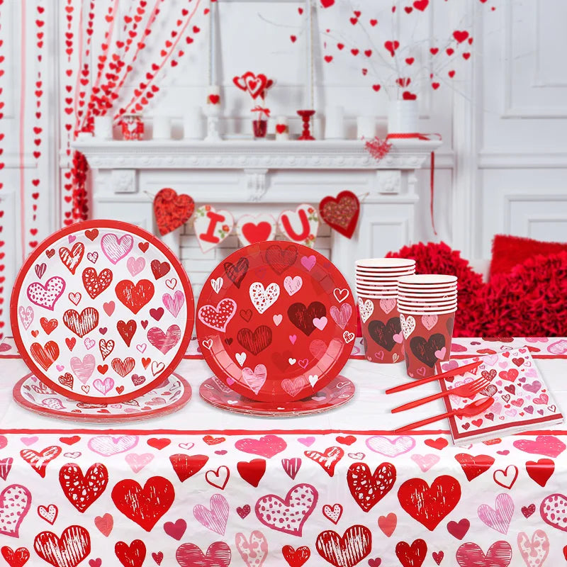 Love Heart Disposable Tableware Set – Paper Plates, Cups, Napkins & Tablecloth for Valentine’s Day, Wedding, Anniversary & Party Decor
