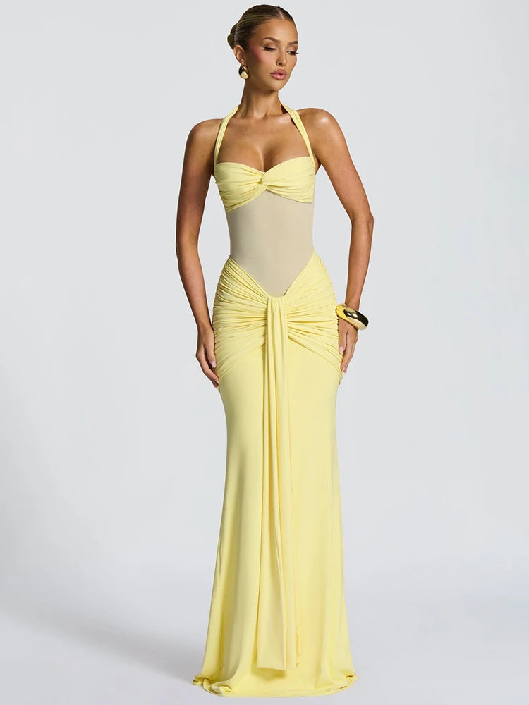 Women's Halter Backless Maxi Dress – Off-Shoulder, Sleeveless, Ruched Bodycon Club & Party Dress with Patchwork Draped Design