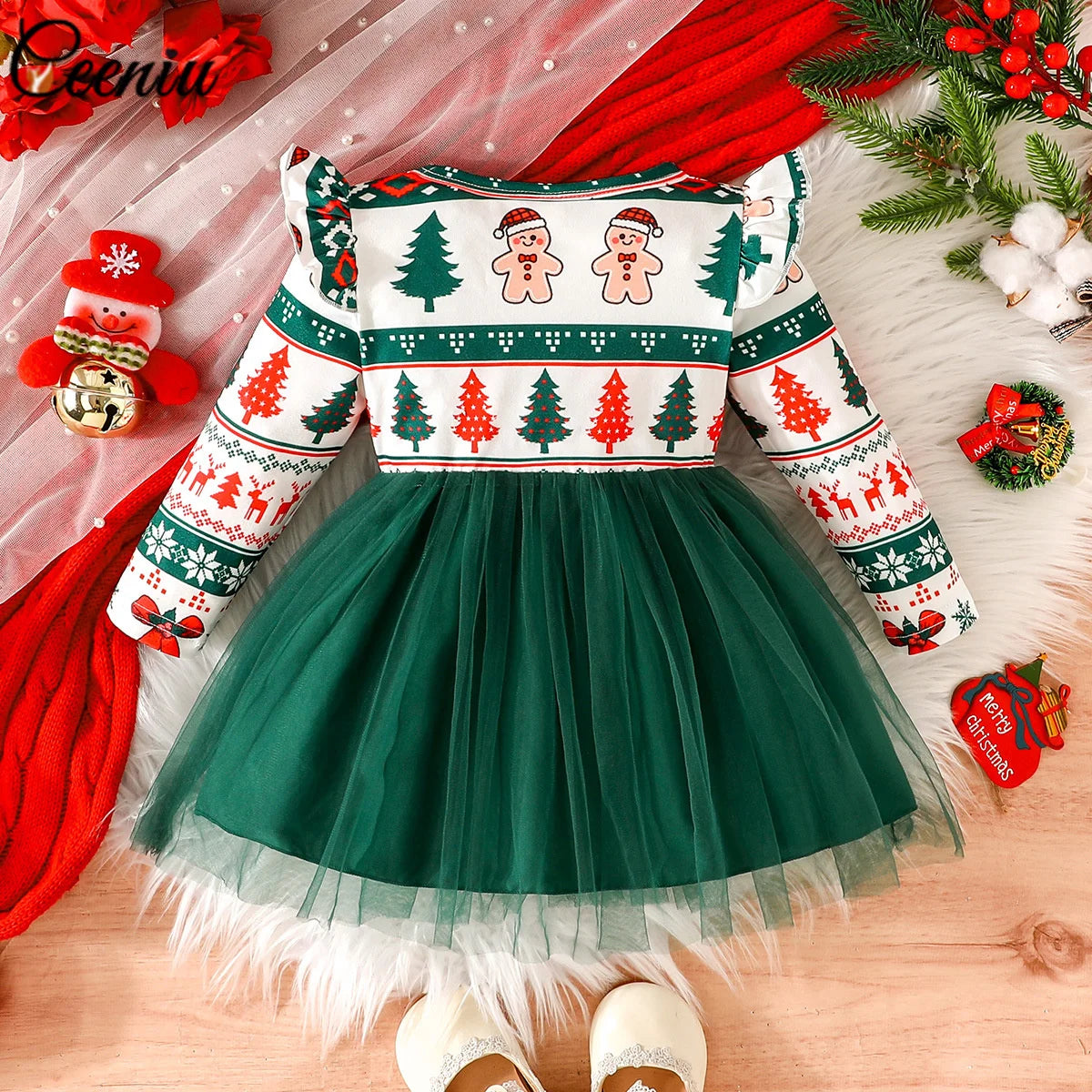 Baby Girl New Year Dress – Green Christmas Tree Print Outfit, “My First New Year” Costume for Newborns & Toddlers