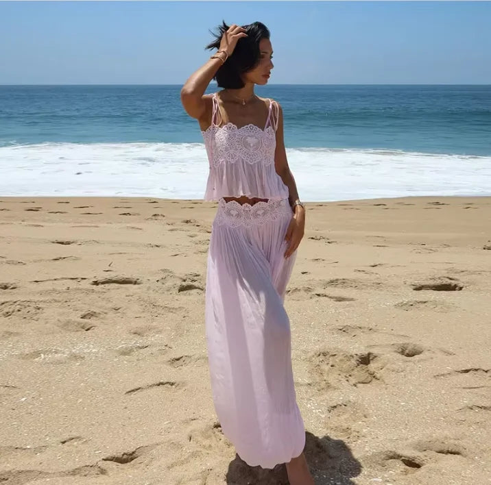 Women's Lace Double Strap Crop Top Two-Piece Set, Boho Sleeveless Flowy