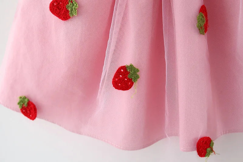 Summer Girls Dress Cute And Sweet Denim Mesh Strawberry Embroidered Princess Dress Party Dress