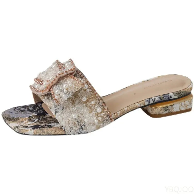 Women’s Rhinestone Slippers – Peep Toe Summer Sandals, Comfortable Chunky Heel Fashion Shoes