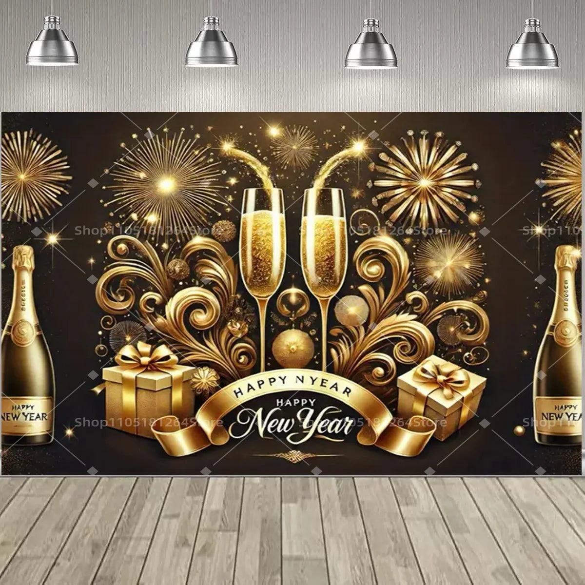 Black & Gold Happy New Year Party Decoration Banner – Festive Photo Backdrop for New Year & Holiday Celebrations