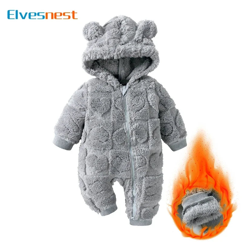 Cartoon Baby Hooded Romper – Long Sleeve Arctic Velvet Winter Outfit, Warm Newborn Clothing (0–18 Months)