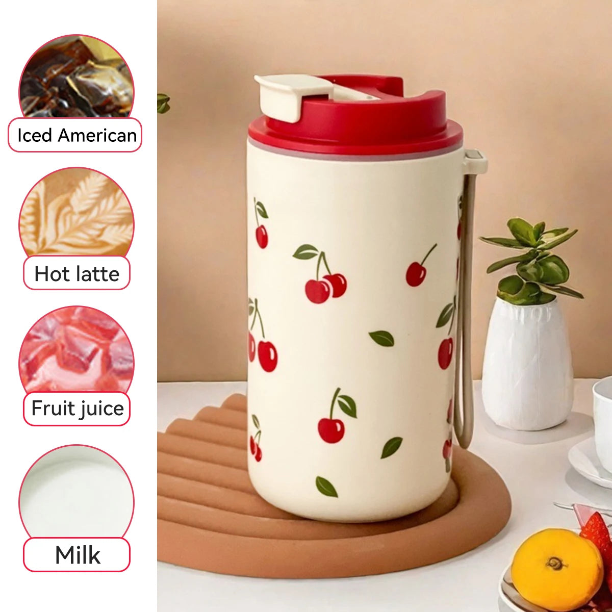 Cherry Pattern Plastic Tumbler Cup with Rope – 350–400ml Reusable Water, Coffee & Milk Mug